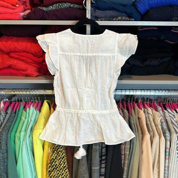 J Crew white v neck ruffle cap sleeve tie front with tassels top size XS - Picture 3 of 3